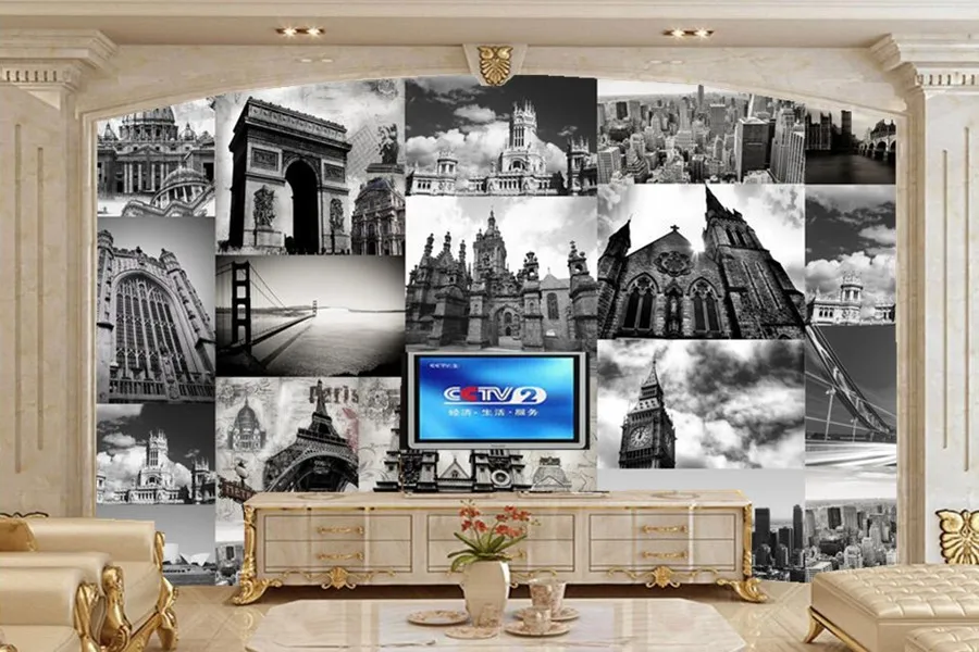 

Large murals,Personality black and white architecture wallpaper,bar restaurant living room sofa TV wall bedroom papel de parede