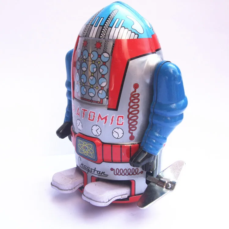 1 szt. Vintage Wind Up mechaniczna chodząca cyna zabawka Robot niebieski kolekcje