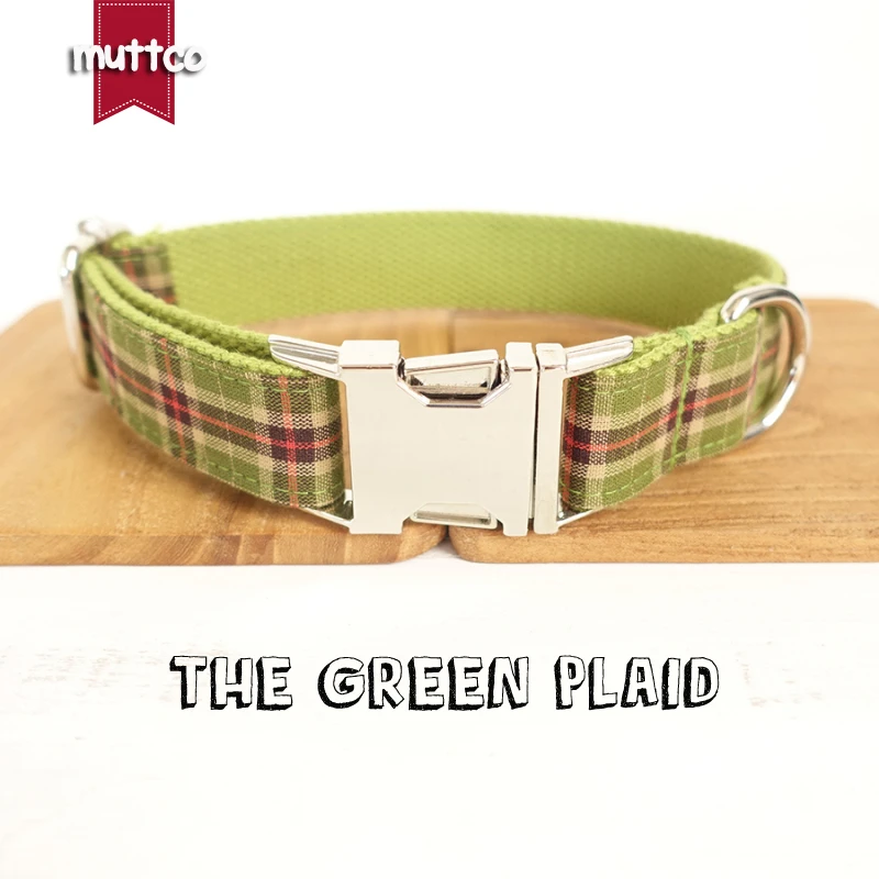 MUTTCO retailing self-design green personalized dog collars handmade dog accessories THE GREEN PLAID 5 sizes dog collar UDC041