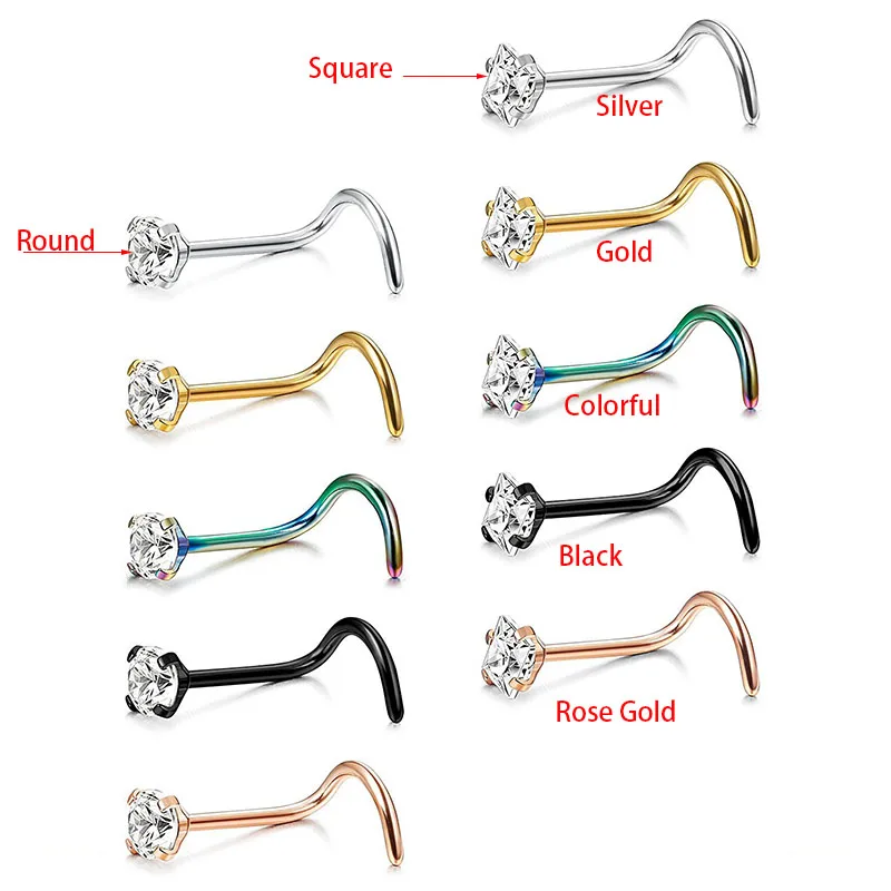 1Pc 0.8*6+3MM  Zircon Rhinestone Septum Nose Studs Hooks Bar Pin Nose Rings Body Piercing Stainless Steel Jewelry body feminino