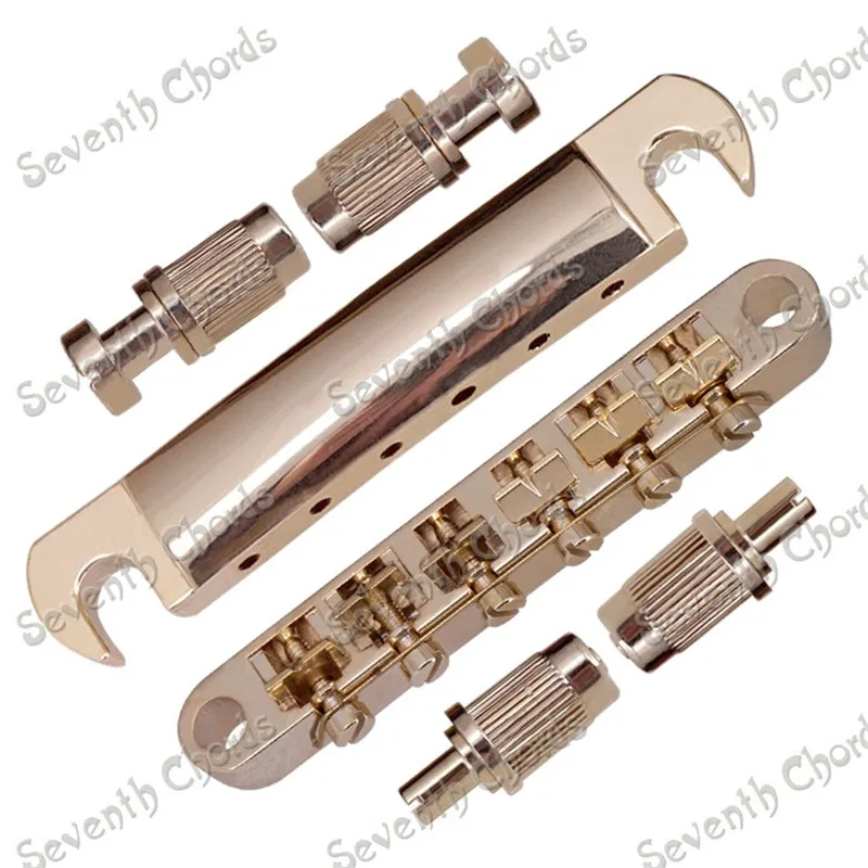 A Set 6 Strings Saddle Style Electric Guitar Bridge Accessories Parts Musical Instrument Tailpiece With Studs Anchors Gold