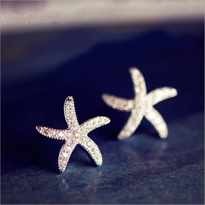 New Fashion Anti-allergic 925 Sterling Silver Jewelry  Micro-embedded Crystal Starfish Personality Exquisite Earrings   E037