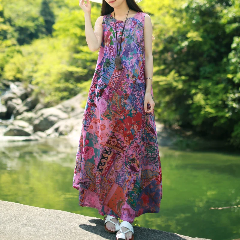 LZJN Random Patchwork Long Dress 2024 Summer Long Sundress Cotton Vestidos Chic Robe Femme Bohemian Women Beach Dresses