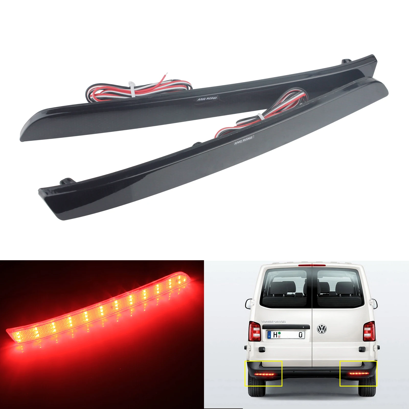 ANGRONG Rear Bumper Reflector LED Tail Light Smoked Black Lens For VW 2012-16 Transporter T5