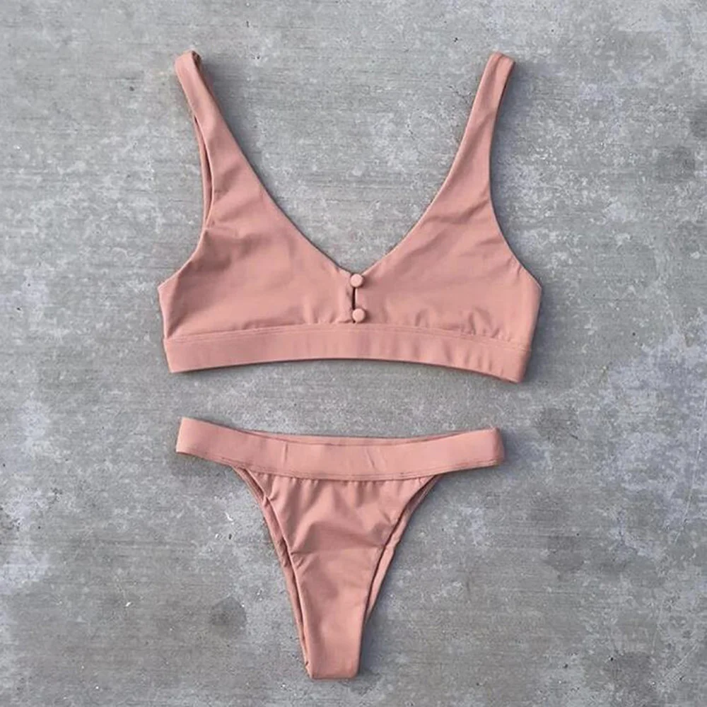ZTVitality Sexy Biquini 2019 O Novo botão Sólida Bikini Cintura para Baixo Biquíni tanga Female biquine Biquini marrom branco