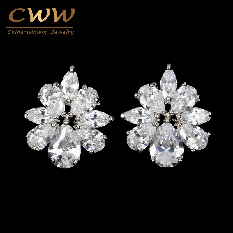 CWWZircons Romantic CZ Women Jewelry Silver Color Flower Shape High Quality Cubic Zircon Stone Earrings for Girls Gift CZ306