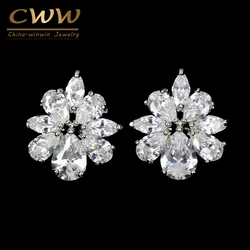 CWWZircons Romantic CZ Women Jewelry Silver Color Flower Shape High Quality Cubic Zircon Stone Earrings for Girls Gift CZ306