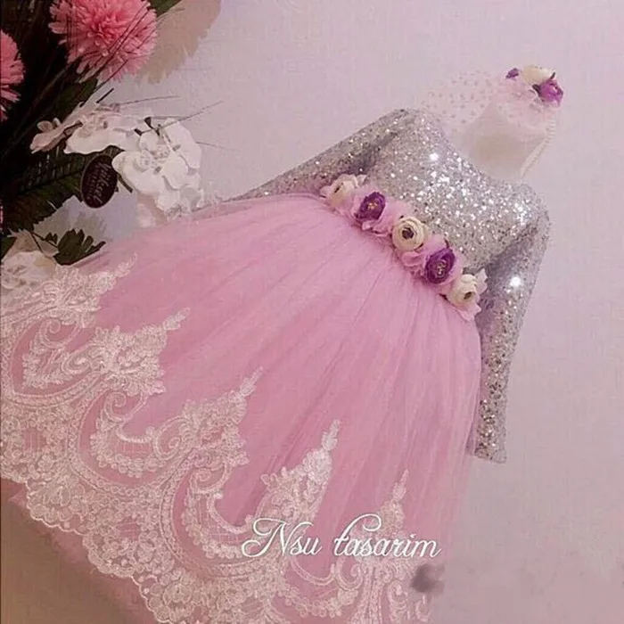 

Sparkly Pink Flower Girl Dresses for Wedding Lace Silver Sequins Baby Toddler First Birthday Party Dress Ball Gowns