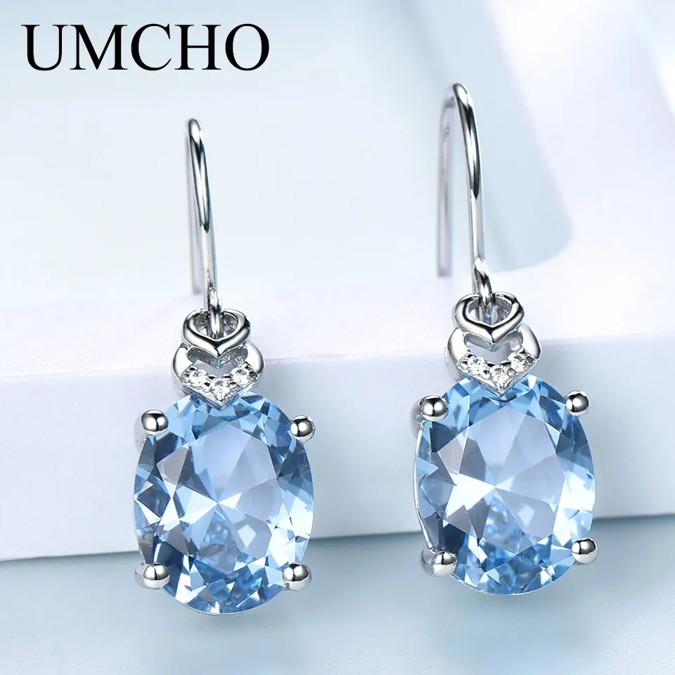 

UMCHO Nano Blue Topaz Gemstone Earrings for Women 925 Sterling Silver Korean Drop Earrings Girls Trend Fashion Party Jewelry New