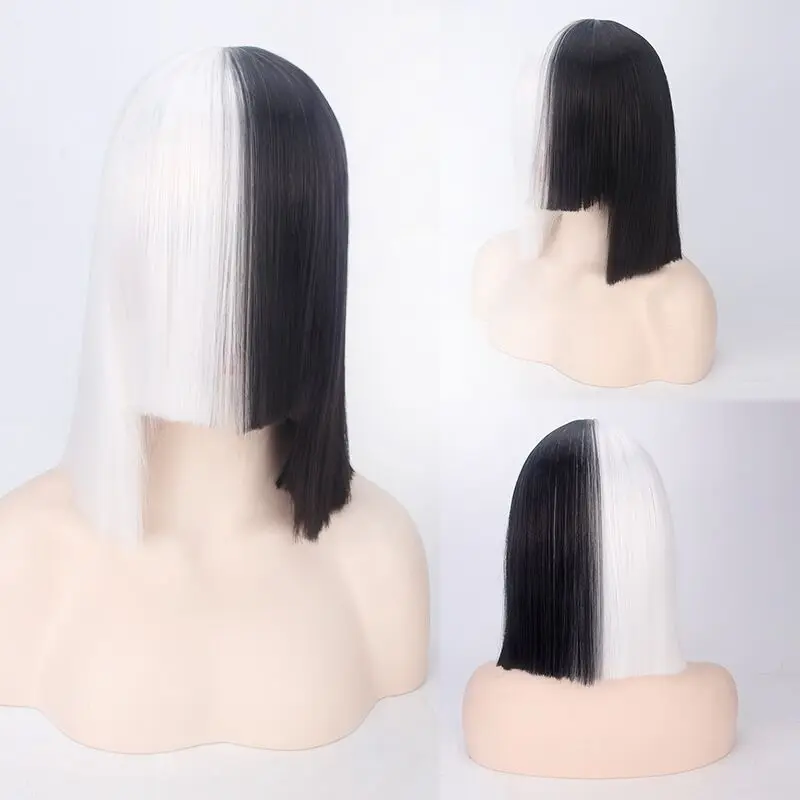 This is Acting SIA Anime Cosplay Wig Synthetic Hair Women Straight Halloween Half Blonde Black Short Bob Wigs With Bangs 35cm