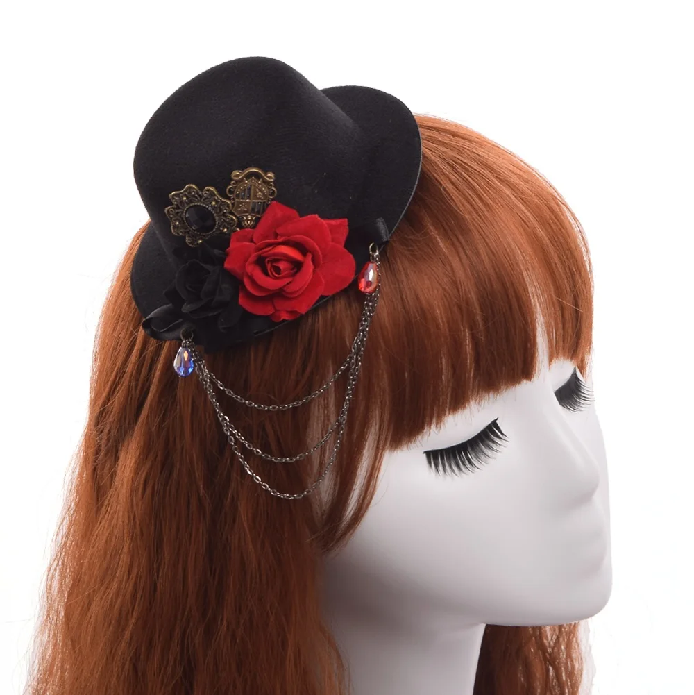 Women Fedora Hat Steampunk Flower Rose Mini Top Hat Hair Clip Punk Gothic Gear Decoration Headpiece