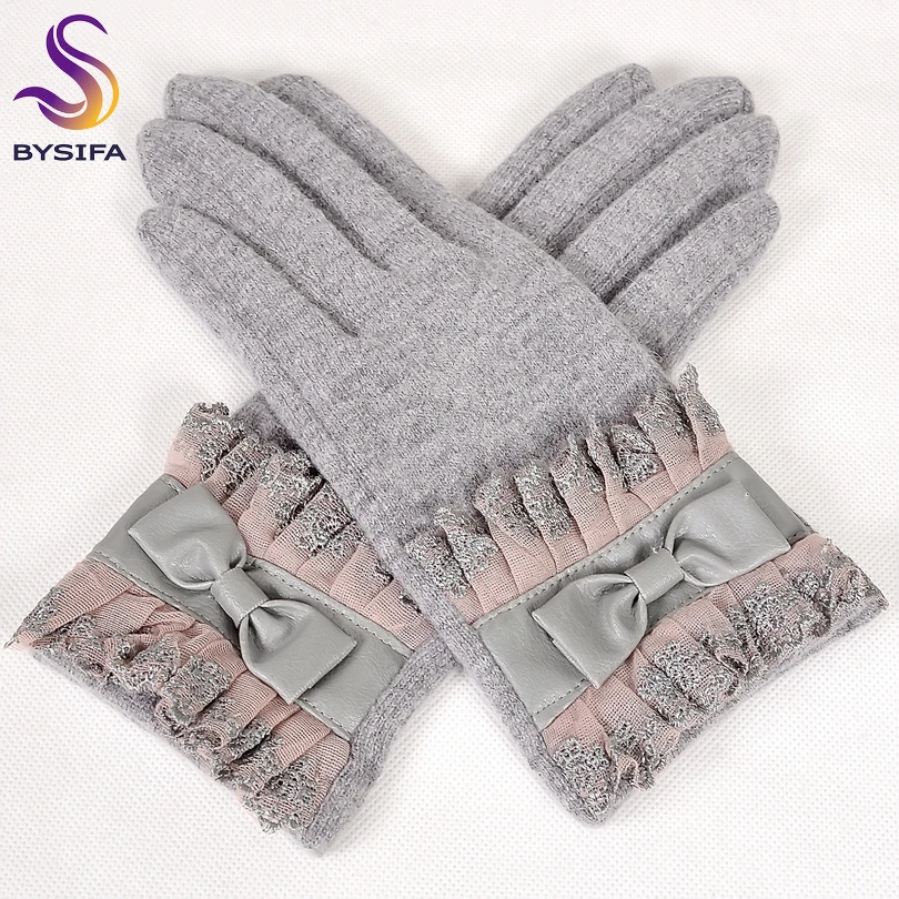 [BYSIFA] Winter Women Wool Gloves Fashion Lace Embroidery Ladies Thick Grey Gloves Sweet Large Pu Bow Tie Soft Mittens Gloves