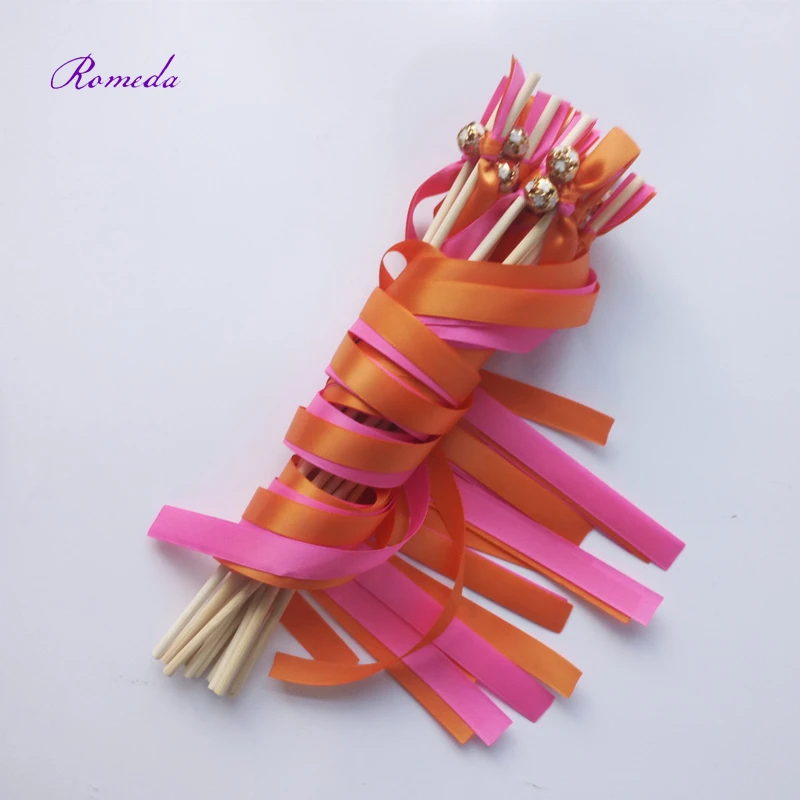 

New Arrived orange and dark pink stain wedding ribbon stick wish wands with colorfull bell for wedding decoration party