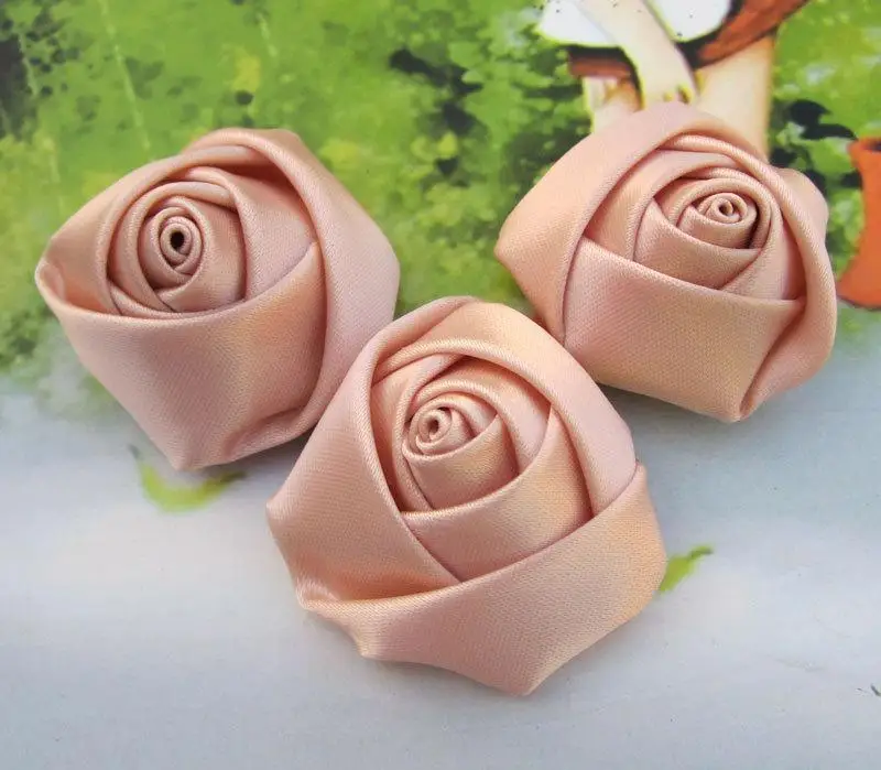 100pcs handmade Satin fabric Rose Rolled Rosette Flower 4cm peach pink free shipping you pick colors