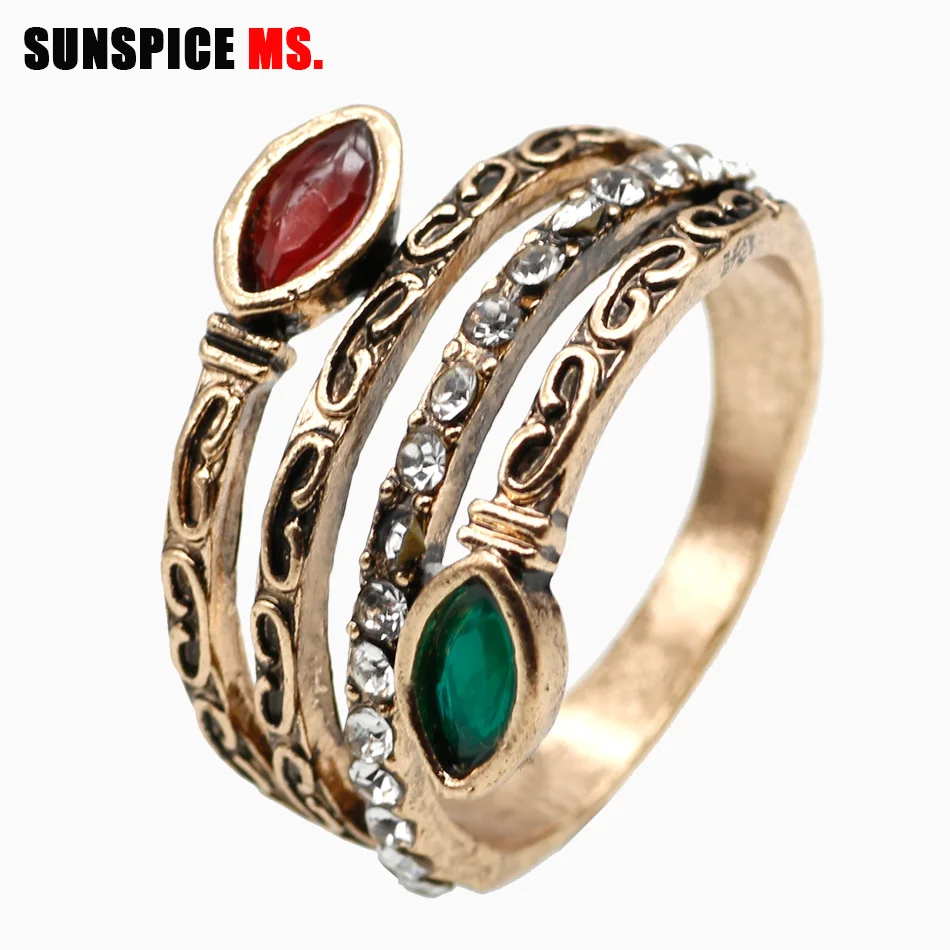 SUNSPICE MS Natural Stone Vintage Ring Sets Bohemia Women Ethnic Wedding Jewelry Antique Gold Color Slender Rings Turkish Brand