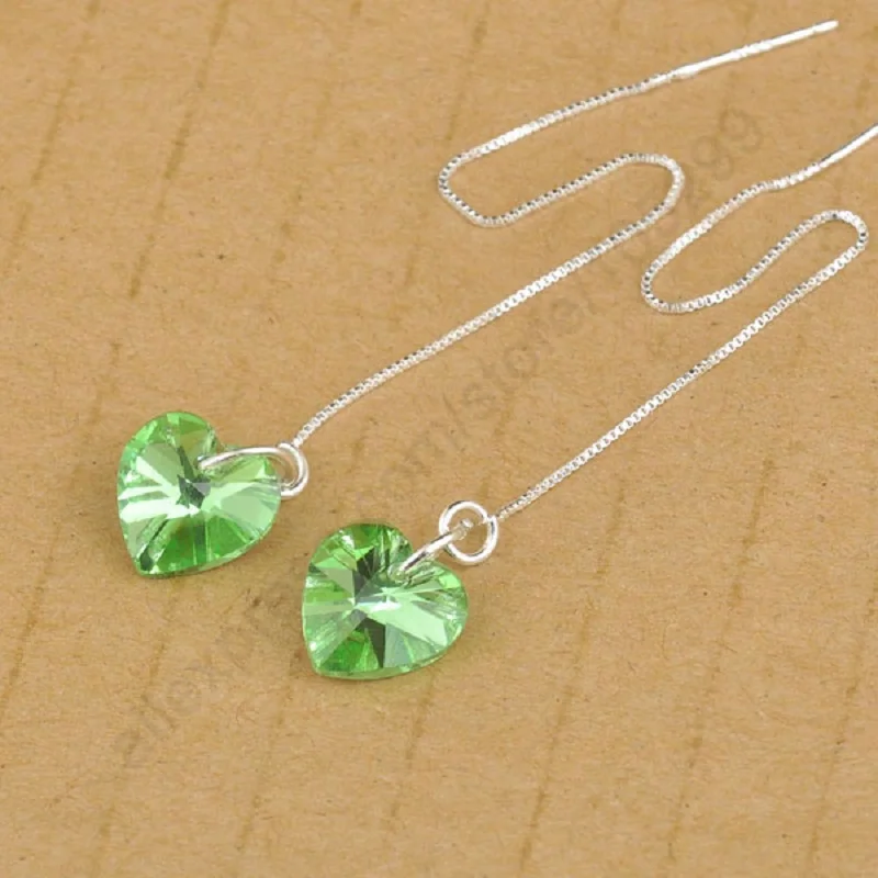 Fast Green Austrian Crystal Heart 925 Sterling Silver Needle Thread Box Line Chains Earrings Jewelry Fashion Gift