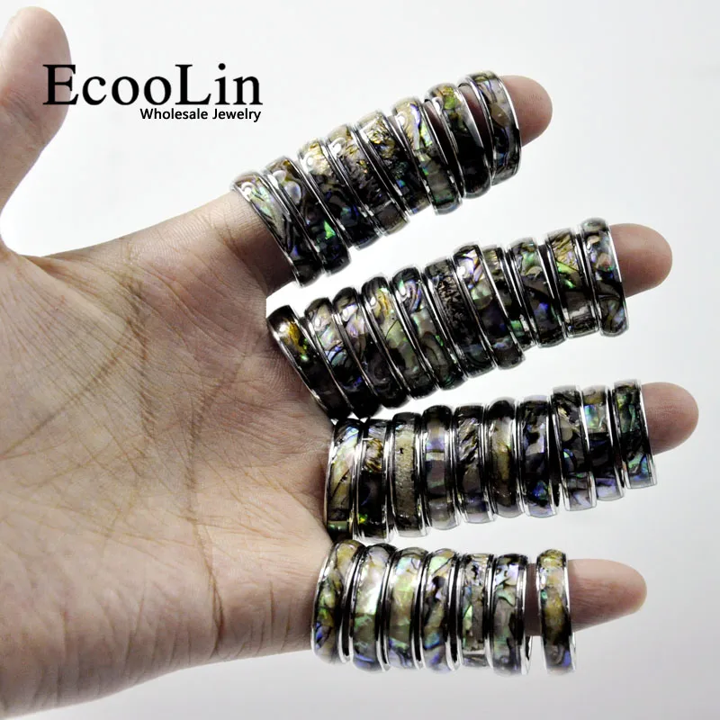 10Pcs EcooLin Brand Fashion Natural Shellfish Abalone Shell 316L Stainless Steel Rings For Women Jewelry Lots Bulk LR4029