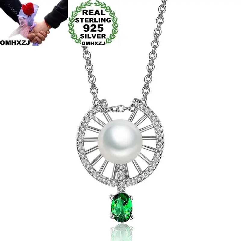 

OMHXZJ Wholesale Personality Fashion OL Woman Girl Gift White Round Pearl AAA Zircon 925 Sterling Silver Pendant Necklace CH87