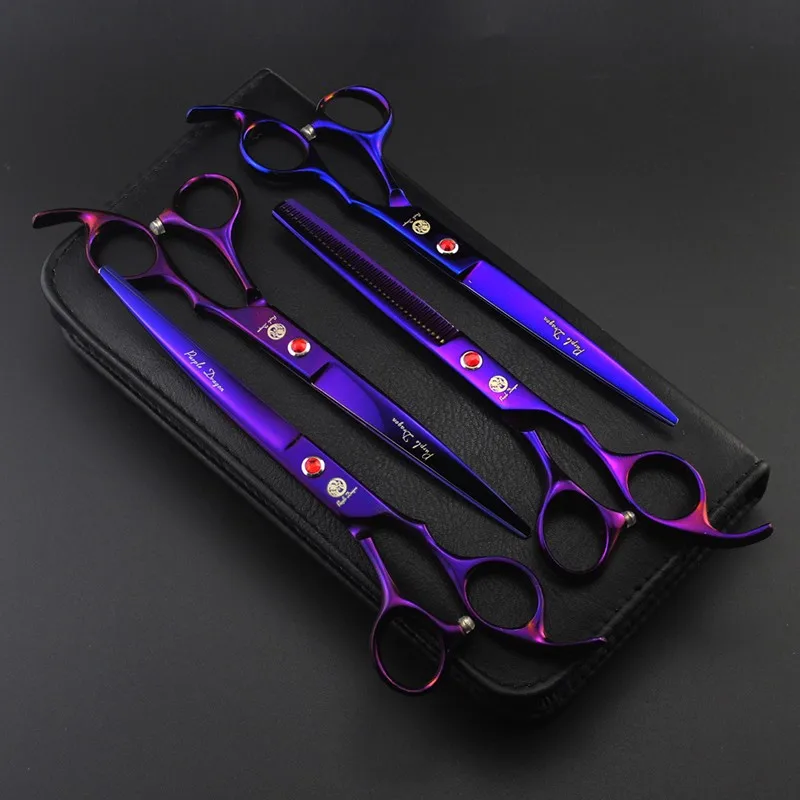 High Quality 4 in 1 Purple Professional Pet Grooming Scissors Sets 7 inch curved tesoura para Puppy Dogs Hair Thinning Shears