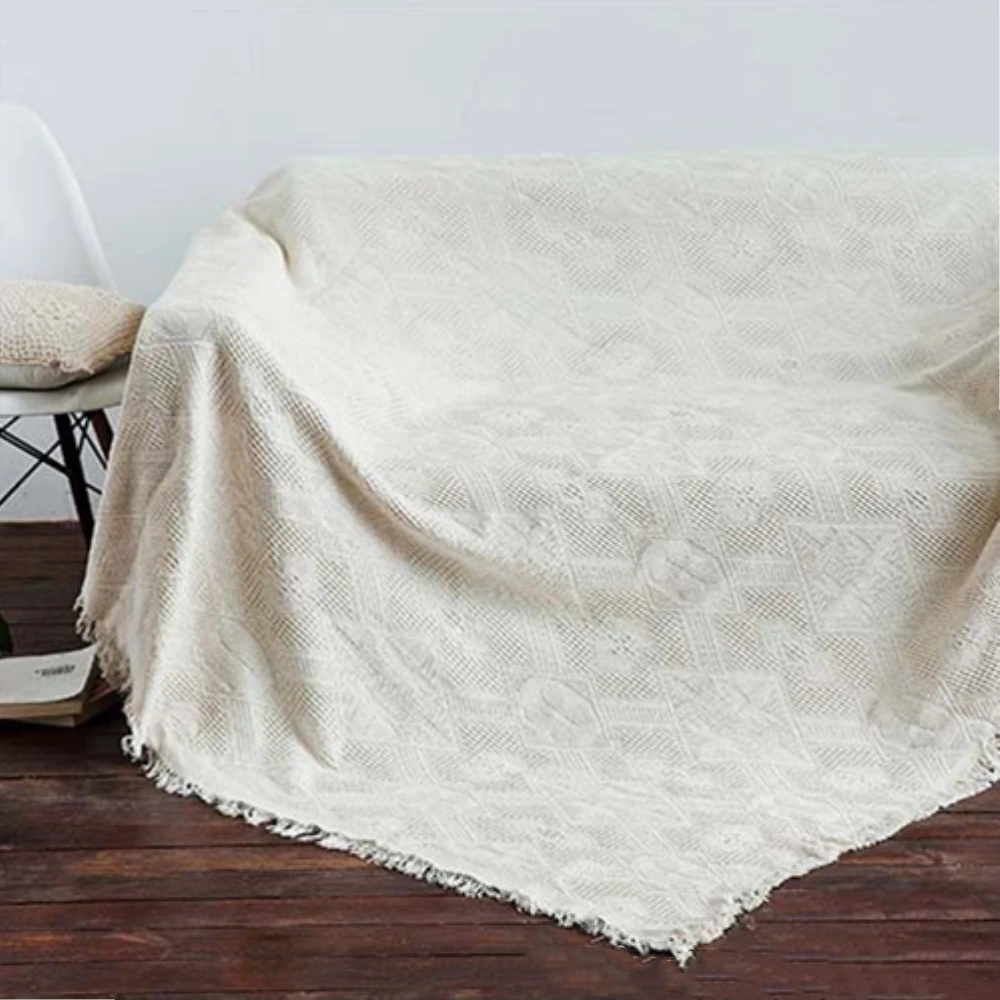 RAYUAN Nordic Style 100% Cotton Beige Plaid Crochet Thread Blanket Throw Grid Sofa Chair Cover Tapestry Bed Lid Carpets Towel