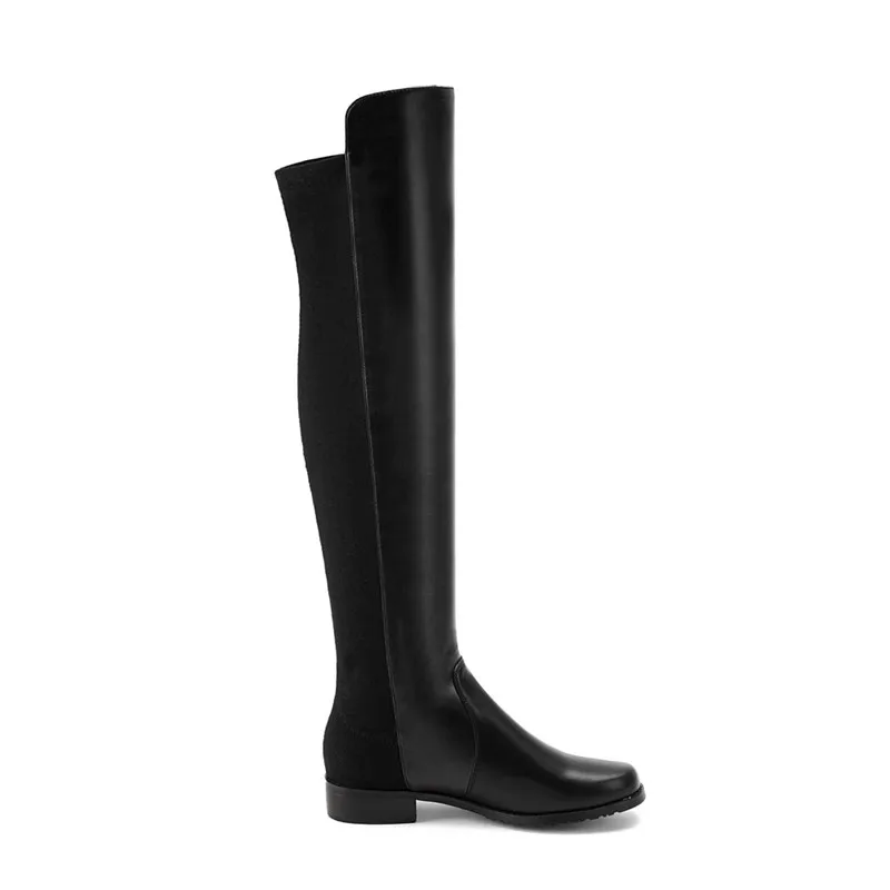 MoonMeek size 33-43 fashion autumn winter boots women round toe over the knee boots low heel stretch fabric+cow leather boots