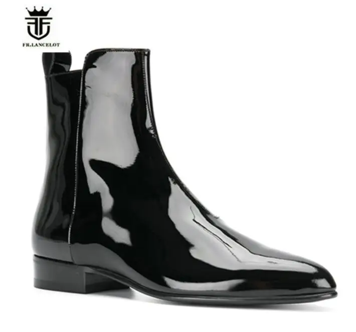 FR.LANCELOT 2020 men patent leather boots brand desigh men fashion boots zip up mujer bota pointed toe chelsea booties