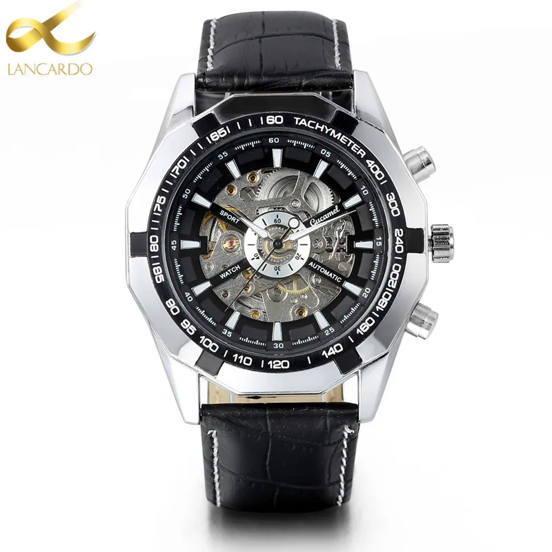 Lancardo Hollow Automatic Mechanical Sport Watches Men Luxury Brand Leather Strap Casual 24H Military Watch Clock Relogio