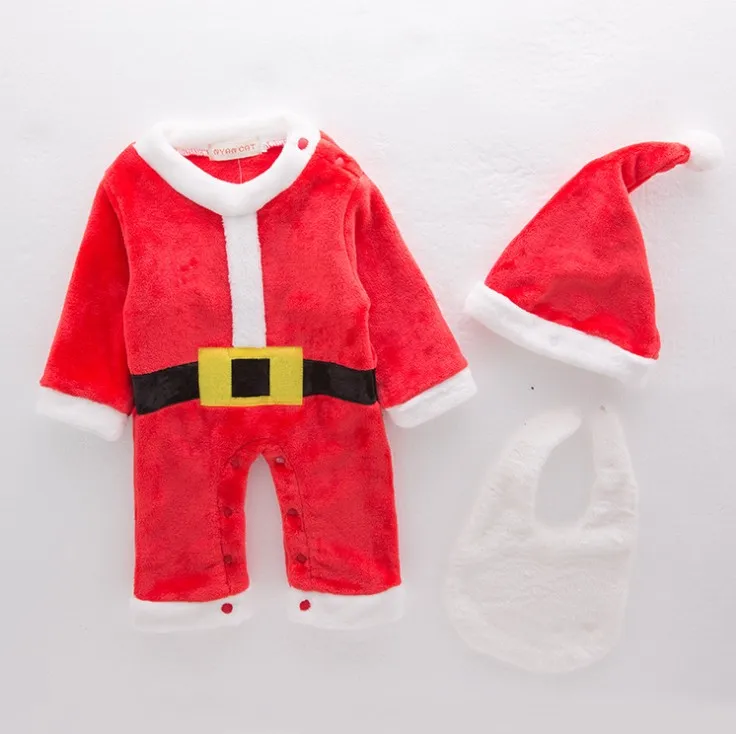 

Christmas Classic Style Long Sleeves Baby Romper with Christms Hat & Bib/3-pcs Set Baby Christmas Clothes 3087