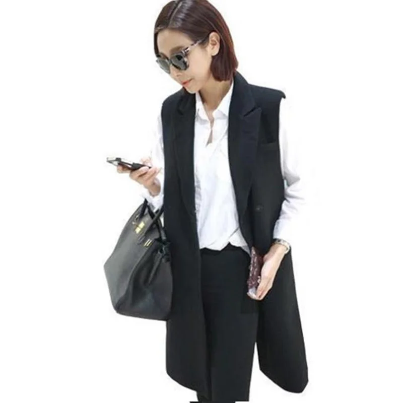 

2017 New Fashion Spring Women Outerwear Coats Elegant Long Design Sleeveless Black Blazer Vest Waistcoat Bigsize Jacket AB074