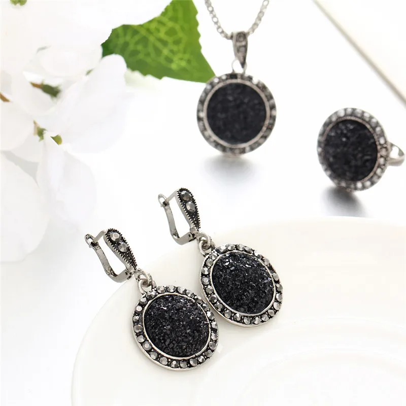 Vintage Wedding Jewelry Sets Black Stone Resin Necklace Set Ring Earrings For Women Fashion Crystal Jewellery Bridal Gift