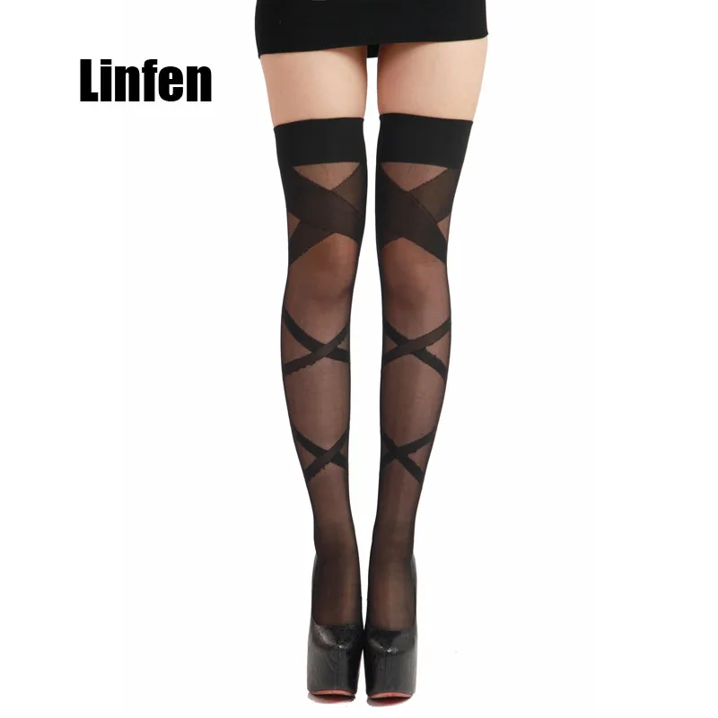 2018 New Sexy Fashion Ladies Women sheer Stay Up Thigh High Stockings Summer Nightclubs Pantyhose cross striped