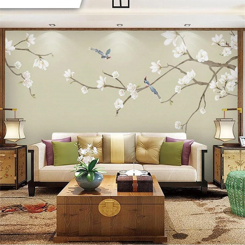 

beibehang Custom wallpaper 3d mural Chinese hand-painted flowers and bird figure magnolia pens hand-painted background wallpaper