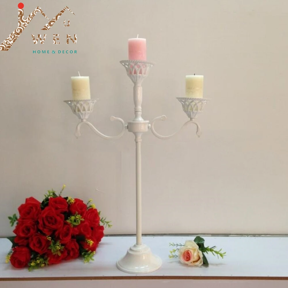 60 CM Height White Metal candle holder/ metal candelabra/ simple 3-arms hollow candle cup candle holder wedding home decoration