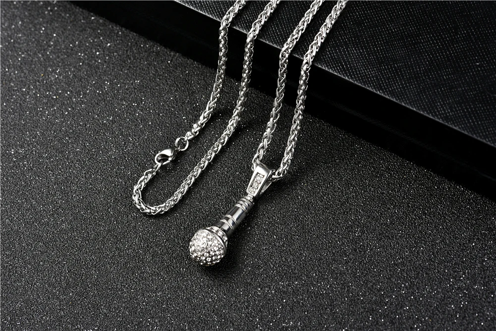 Rock Punk Microphone Pendant Necklace Men/Women Stainless Steel Micro Pave Cubic Zircon Gold Color Plated Necklace