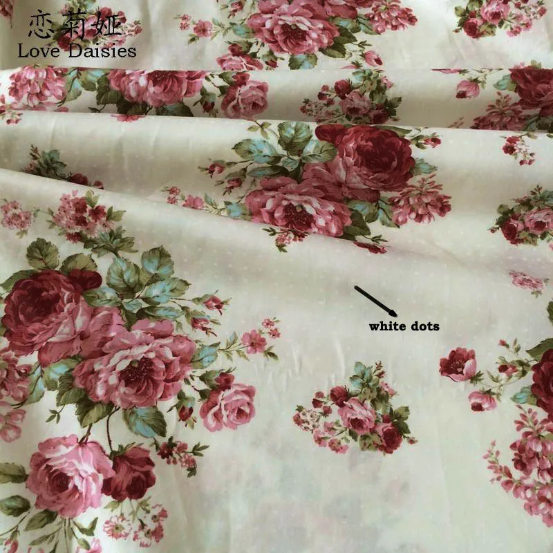 100% cotton twill cloth beige elagant burgundy rose floral DOTS fabric for DIY kids clothes decor craft handwork quilting tissue