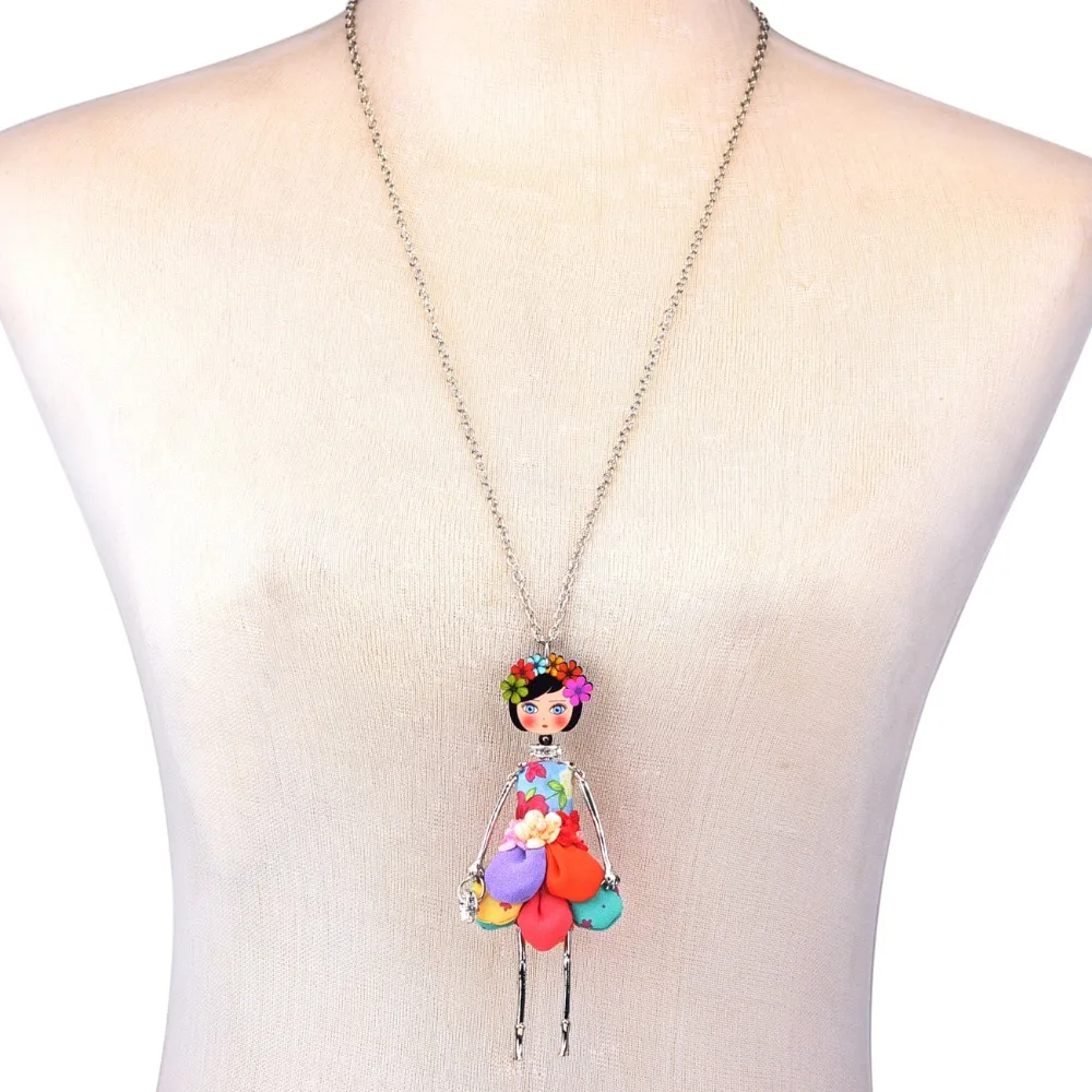 Bonsny Statement Flower Doll Necklace Dress Handmade French Doll Pendant News Alloy Girl Women Flower Fashion Jewelry Gift