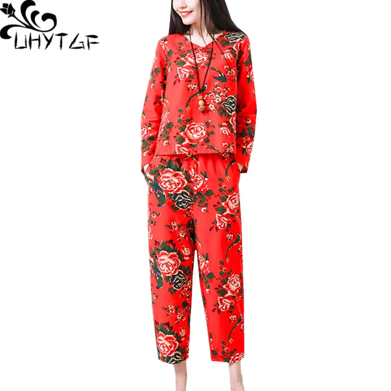 Uhytgf Nationale Wind Sets Vrouwen Zachte Katoenen Linnen Bedrukking Losse Zomer 2 Delige Set Pullover Top + Broek Casual Pak Dames 1417