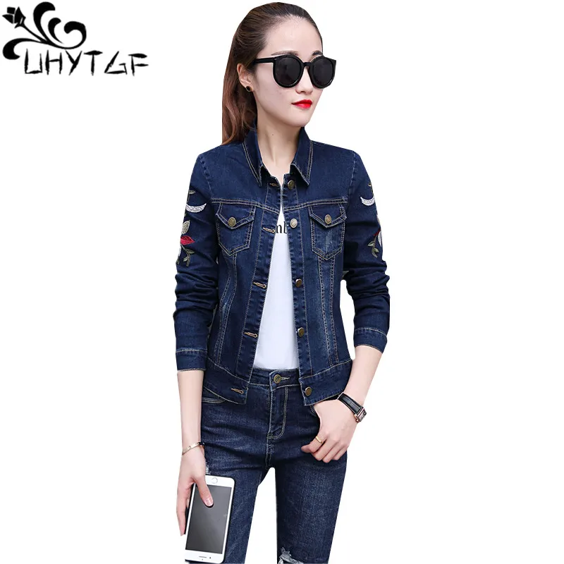 

UHYTGF Chaquetas Mujer Primavera Denim Jacket Women Embroidery Short Jeans Jacket Ladies Big Size BomberJacket Coat Female 535