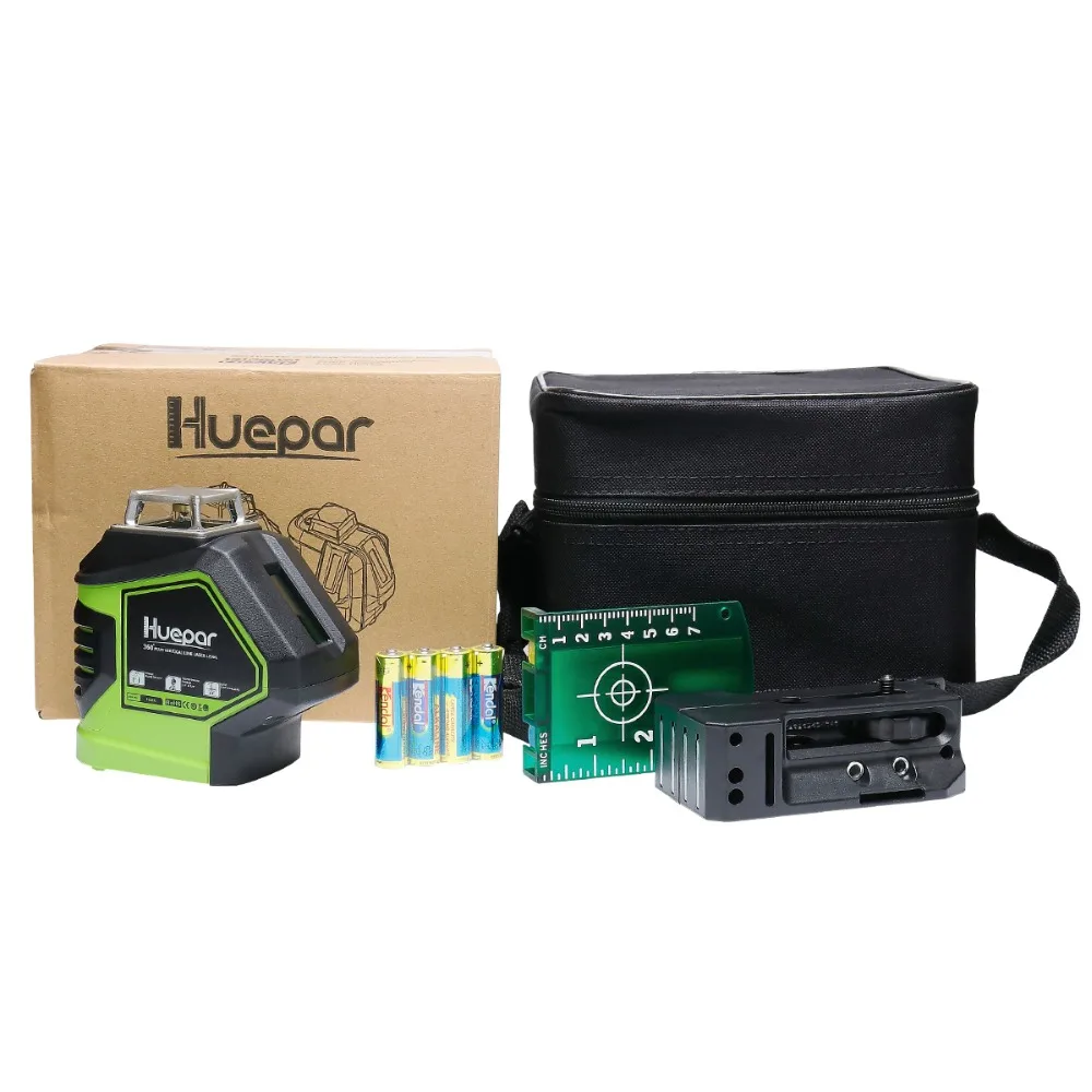 Huepar Green Beam Laser Level with 2 Plumb Dots Self-Leveling 360 3D Rotary Cross Line Vertical Horizontal 5 Line Measuring Tool