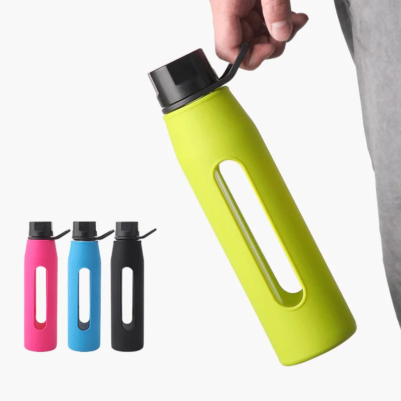 Portable Borosilicate Glass Water Bottle with Twist Cap, Soft Silicone Sleeve, Carry Handle for Bicycle, Gym and Yoga