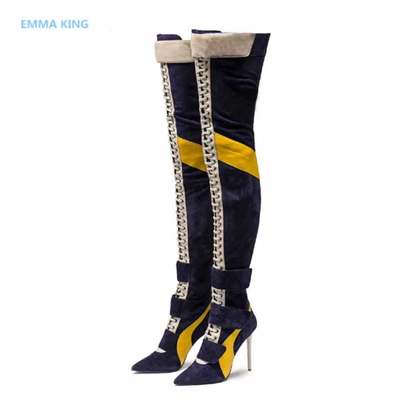 New Arrival Blue Patchwork Thigh High Boots Women Pointy Toe High Heels Lace Up Boot Largas Sexy Woman Over The Knee Knight Boot