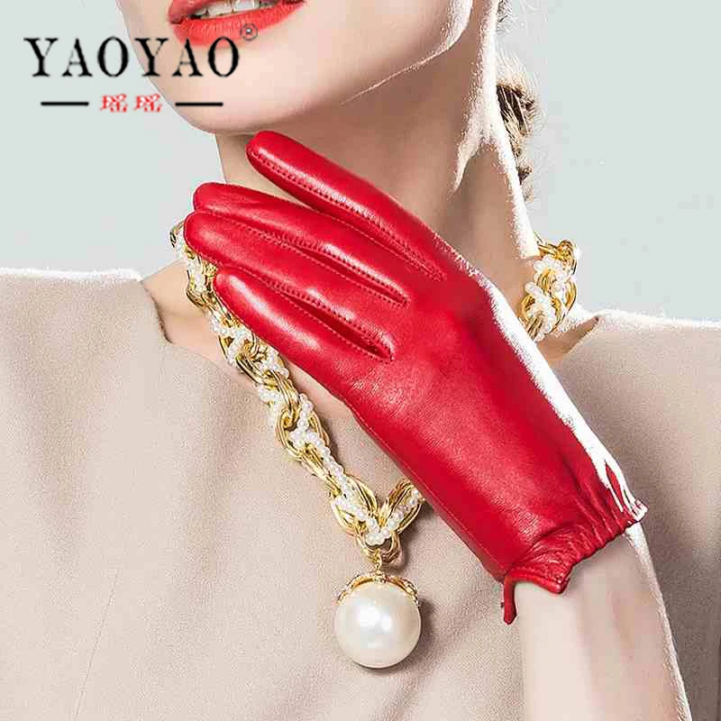 

YY8816 Branded New Women Genuine Leather Solid Red/Black Thin Gloves Feminino Simple Slit Cuff Commercial Driving Luvas Mujer