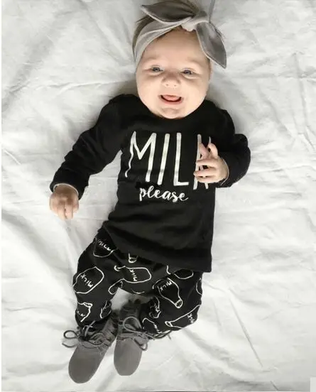 Fashion baby girl boy clothes Unisex cotton long-sleeved T-shirt pants 2PCS newborn baby boys girls clothing sets milk please