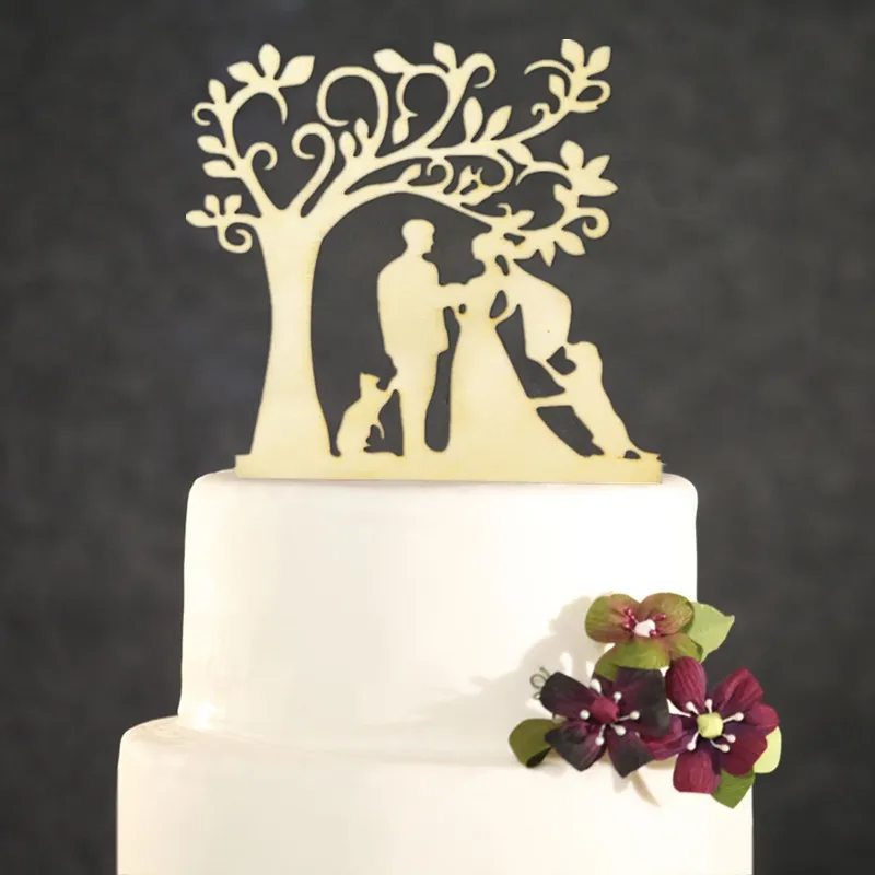 village style wedding cake topper bride and groom understand the tree with one cat and one dog cake topper wood cake topper