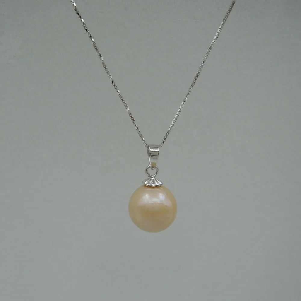 100% nature freshwater round pearl necklace with 925 silver box-chain