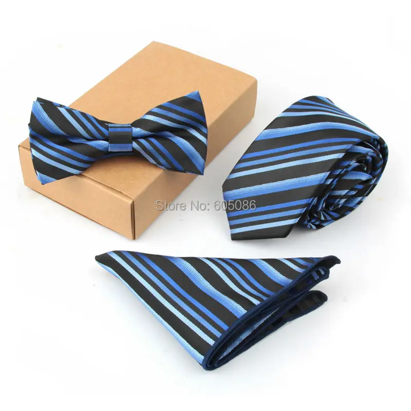 HOOYI 2019 Fashion Striped Men's Ties Set 3pcs in 1 Bow Tie Handkerchief For wedding 43 designs