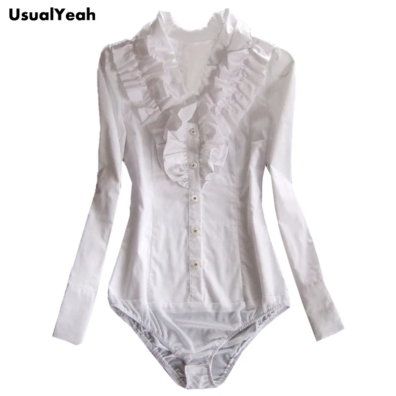 Nieuwe Casual Vrouwen Body Shirt Lange Mouwen Verstoord Kraag Blouses Top Ruches Office Lady Blusa Feminina Wit S-XXL SY0319