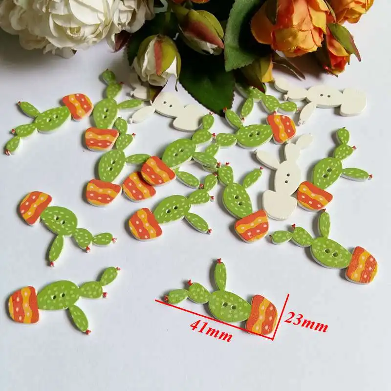 50Pcs Wooden Buttons Mixed Potted cactus 2 Holes decorativos Buttons Scrapbook Sewing Accessories Buttons Needlework botoes