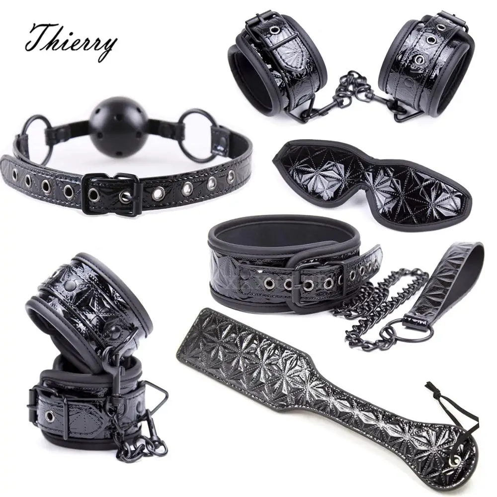 Thierry Crimson/Black Tied Ultimate Bondage Kit,Blindfold, Ball Gag, Collar, Wrist and Ankle Cuffs, Paddle Spanking Sex Toys