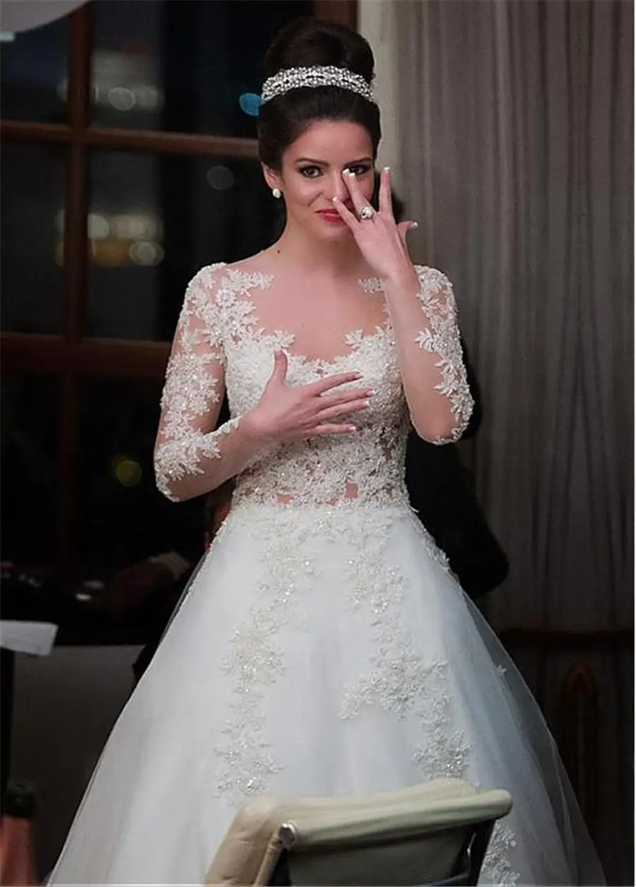 2021 elegante abito da sposa a trapezio con scollo gioiello in Tulle con applicazioni in pizzo con perline vedi attraverso abiti da sposa a maniche lunghe